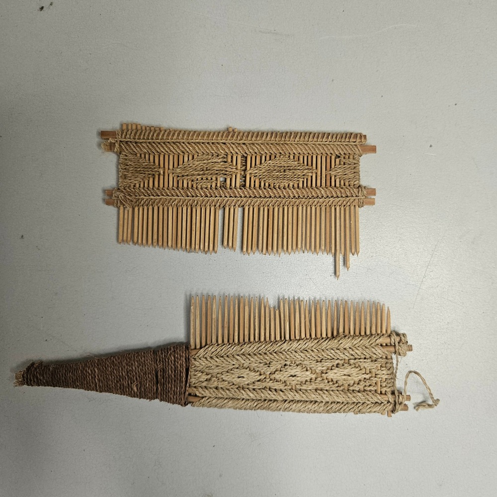 Vintage Handcrafted Tribal Bamboo Hair Combs Natural Fiber Woven Oceanic Art 2pc